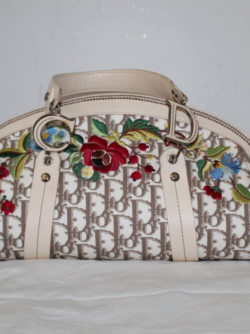CHRISTIAN DIOR Embroidered Diorissimo Canvas Leather Satchel Handbag